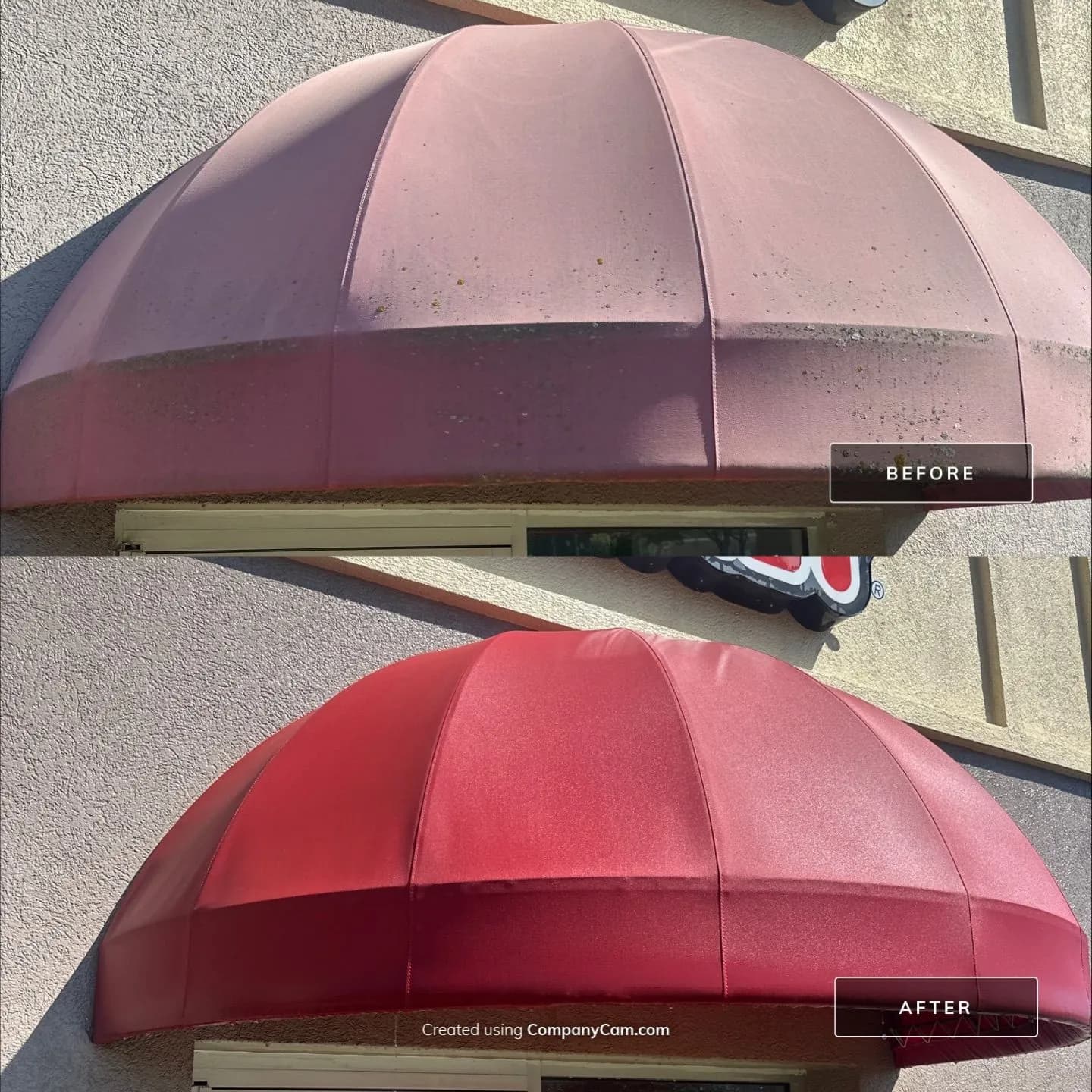 A red awning, before and after