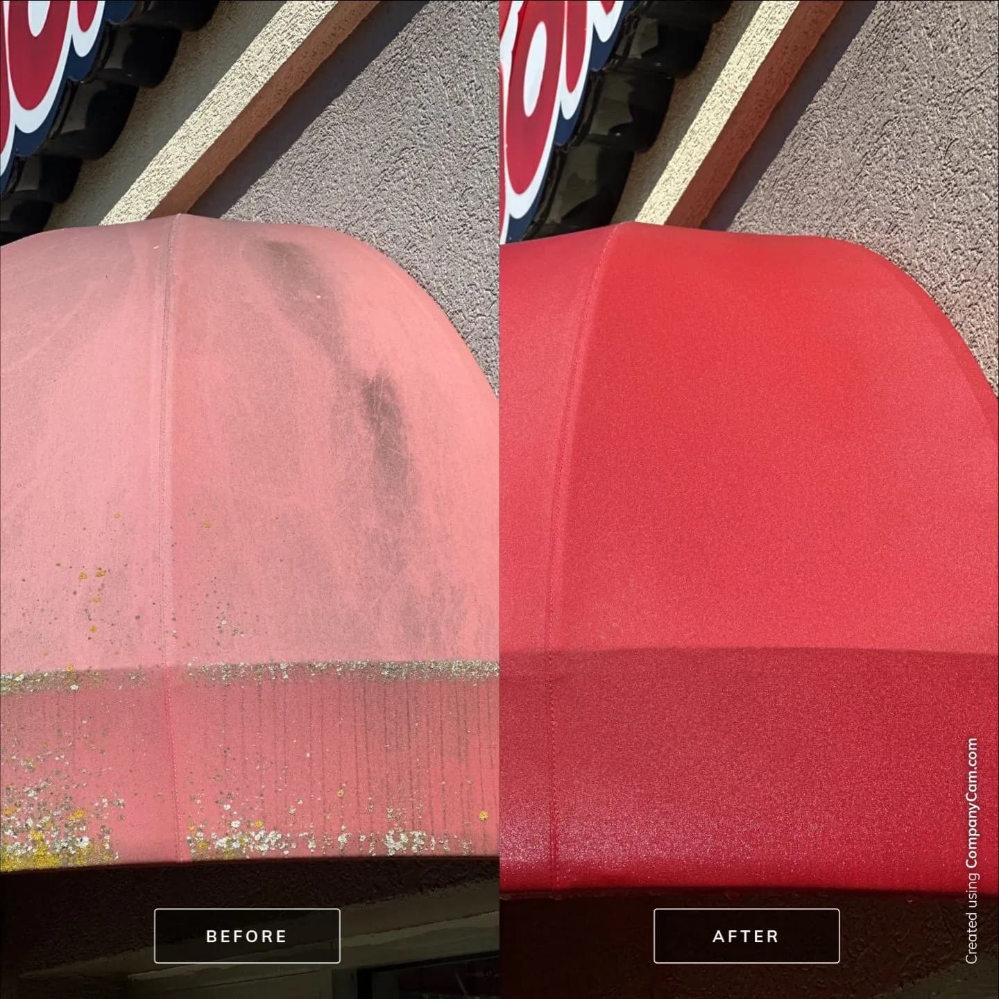 A red awning, before and after