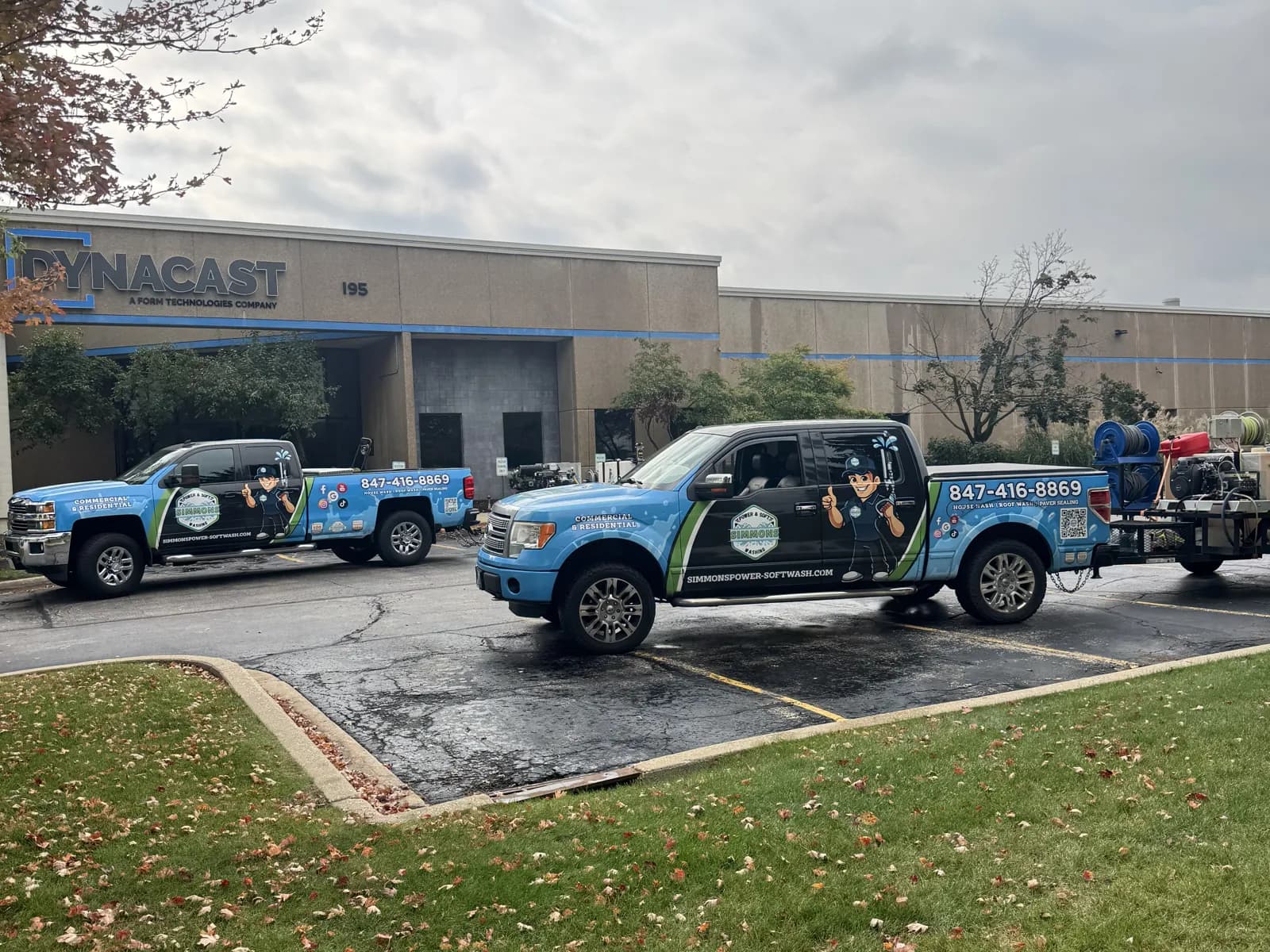 Our trucks at a commercial building