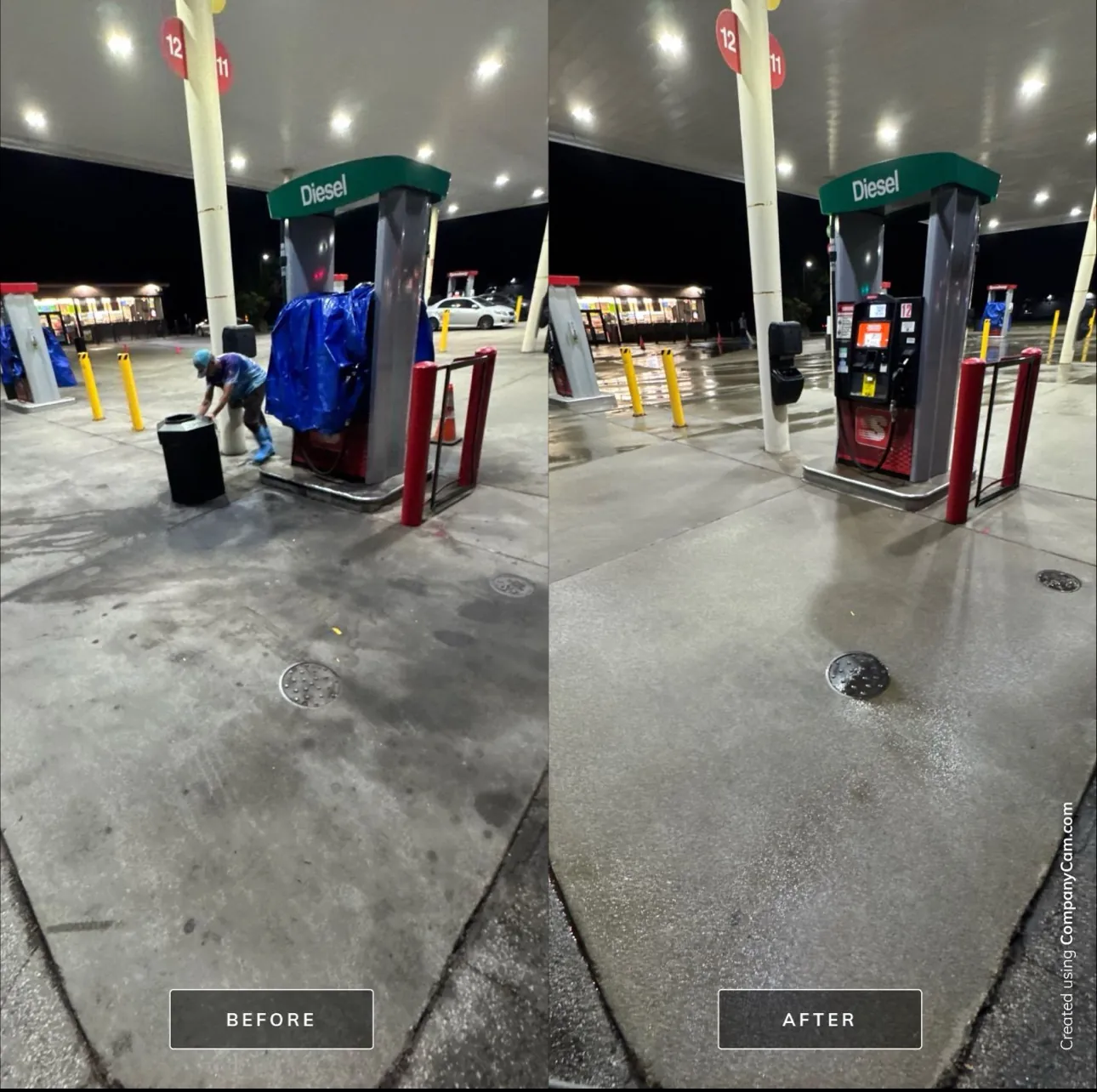 Gas station forecourt, before and after