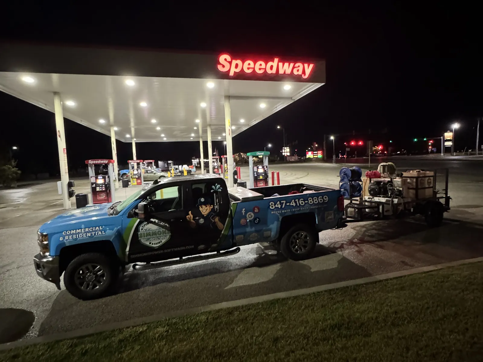 Our rig at a Speedway at night