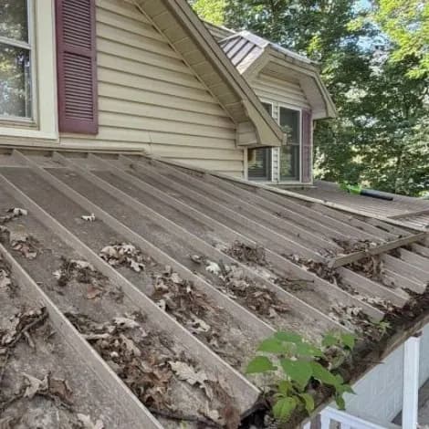 Leaves and debris on a porch roof and its gutter, before cleaning