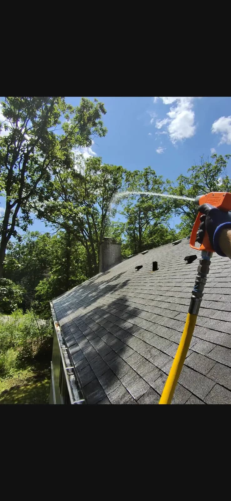 Soft washing a roof from a ladder