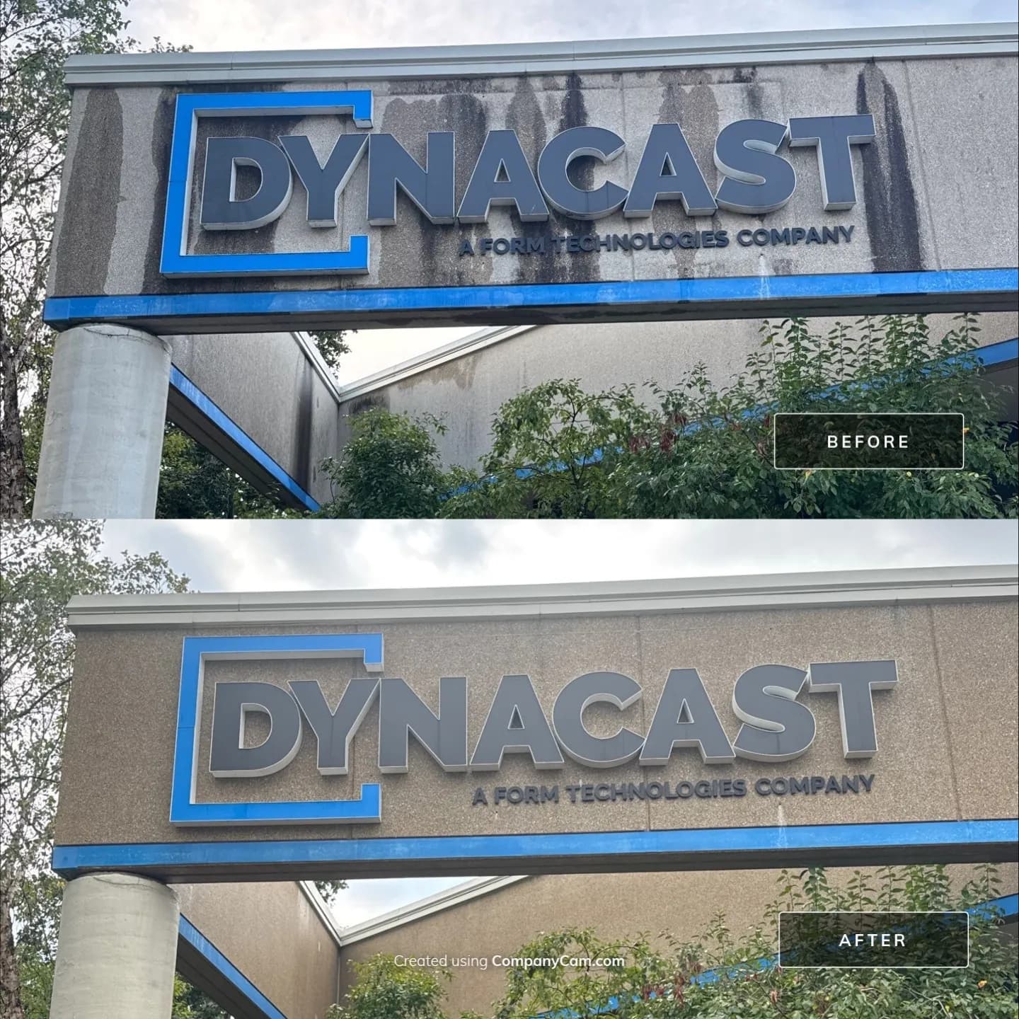 A company sign, before and after